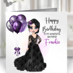 personalised gothic lady in black lace dress & balloons birthday card