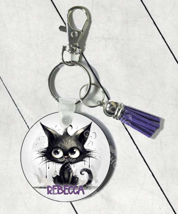 personalised drippy black cat round gothic keyring