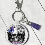 personalised black white floral skull with butterfly round gothic keyring