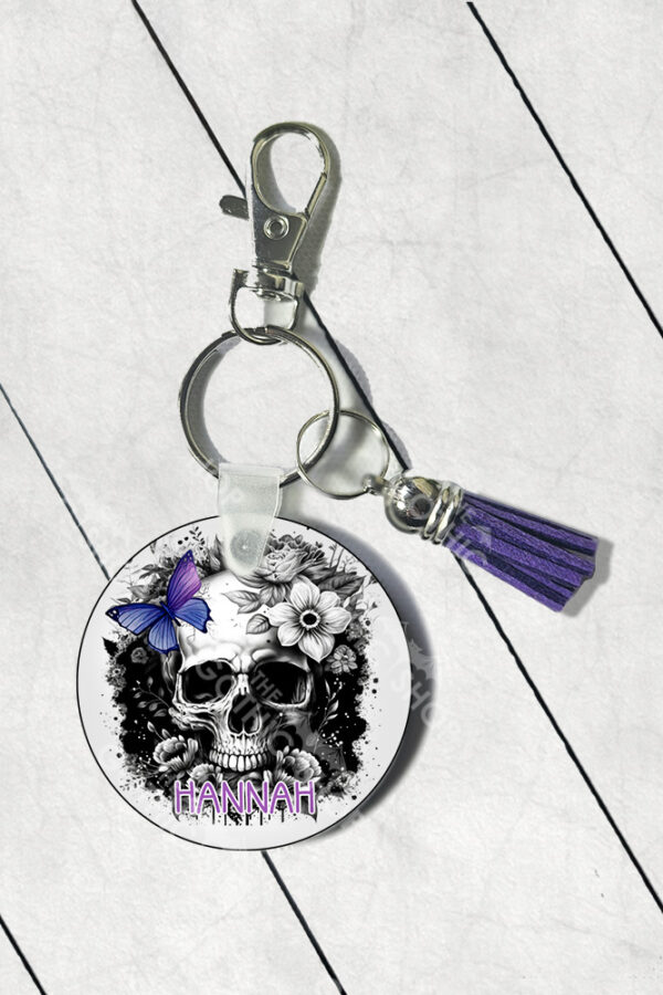 personalised black white floral skull with butterfly round gothic keyring