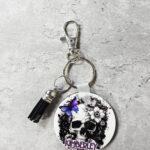 personalised black white floral skull with butterfly round gothic keyring