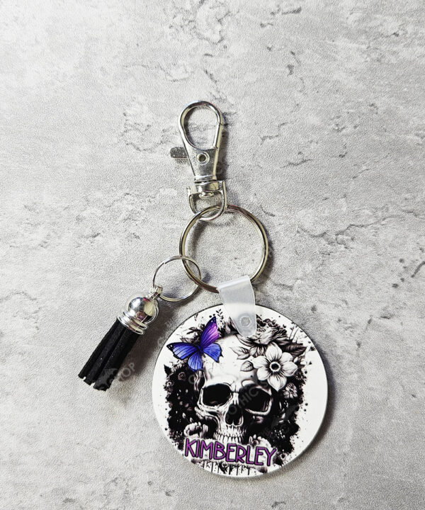personalised black white floral skull with butterfly round gothic keyring