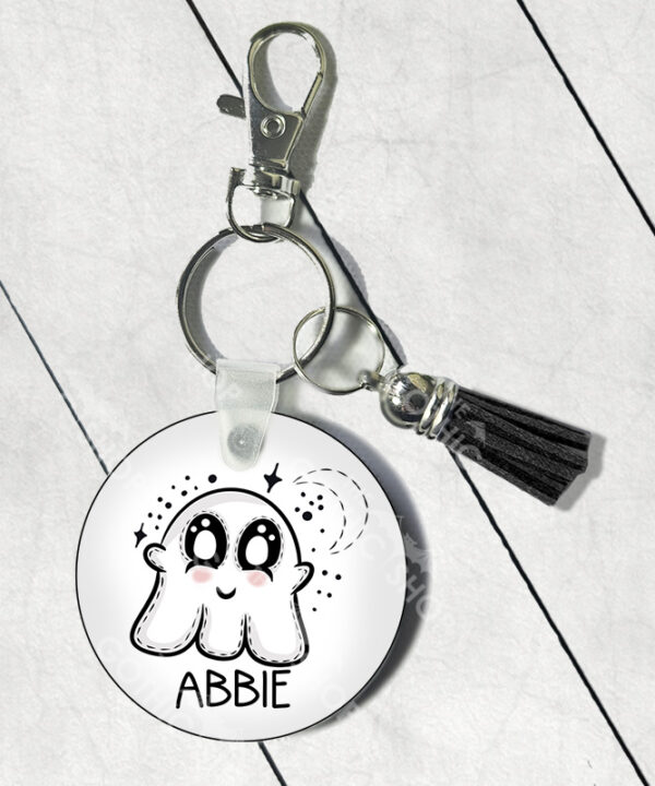 personalised plushie ghostie round gothic keyring