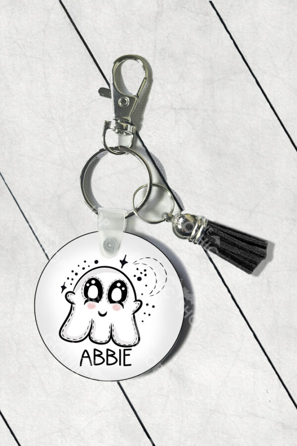personalised plushie ghostie round gothic keyring