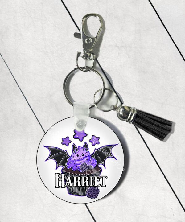 personalised purple berry bat cupcake round gothic keyring