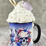 Colourful Roses & Skulls Gothic Ceramic Mug with Blue Gradient