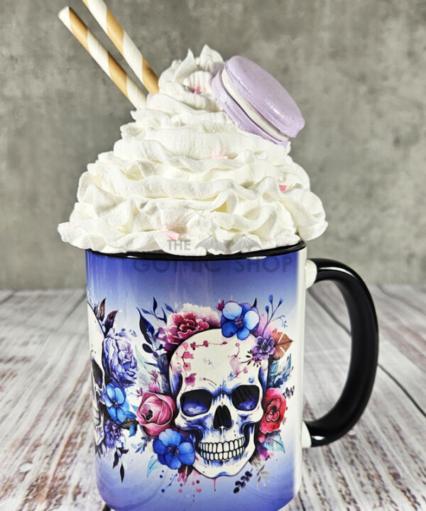 Colourful Roses & Skulls Gothic Ceramic Mug with Blue Gradient