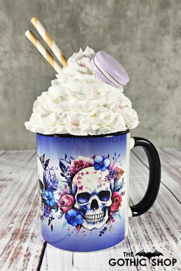Colourful Roses & Skulls Gothic Ceramic Mug with Blue Gradient