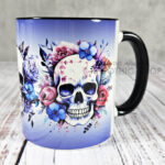 Colourful Roses & Skulls Gothic Ceramic Mug with Blue Gradient