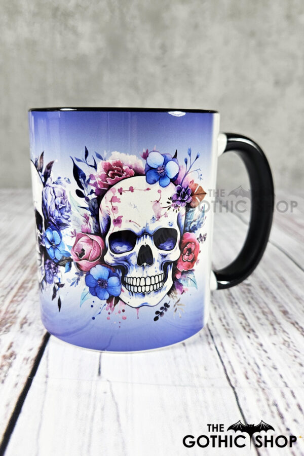 Colourful Roses & Skulls Gothic Ceramic Mug with Blue Gradient