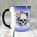 Colourful Roses & Skulls Gothic Ceramic Mug with Blue Gradient