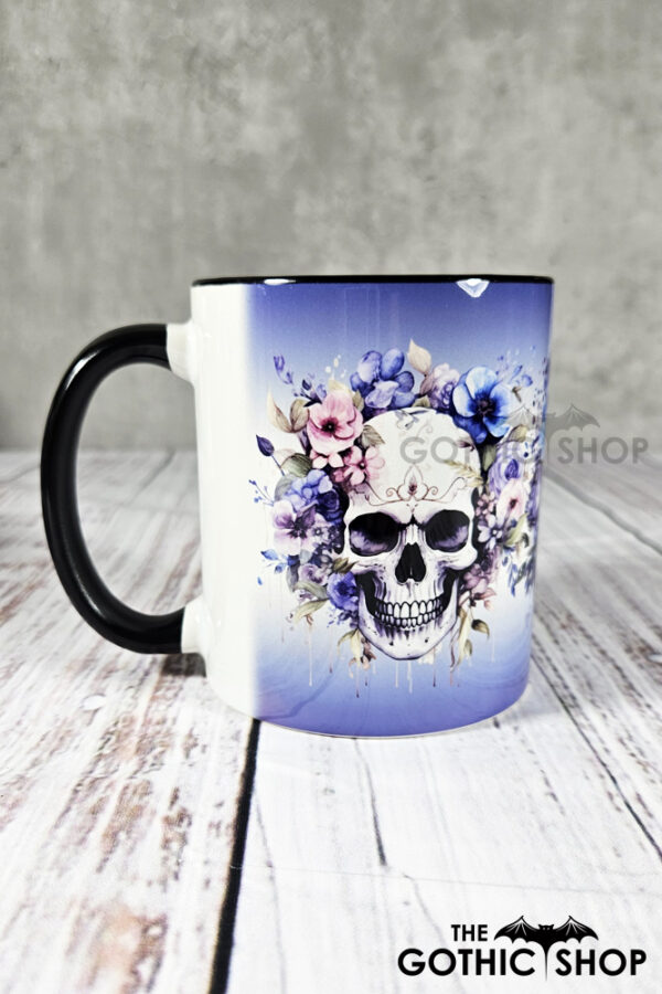 Colourful Roses & Skulls Gothic Ceramic Mug with Blue Gradient