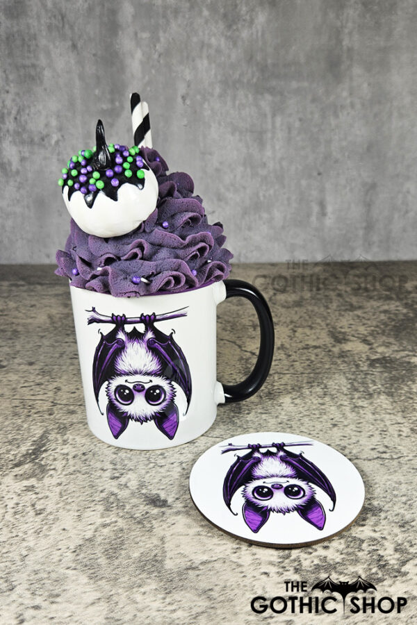 Betty Hanging Purple Bat Gothic Ceramic Mug and coaster