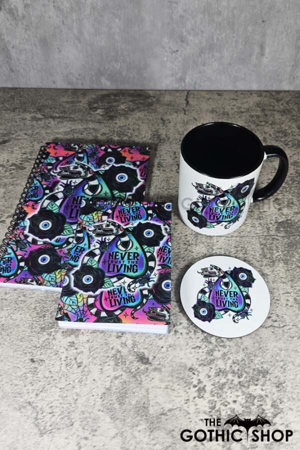 Never Trust The Living Sandworm & Planchette Gothic Ceramic Mug, coaster and notebooks