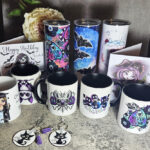 Gothic gifts including batty mugs and tumblers, and goth girl and witch card.