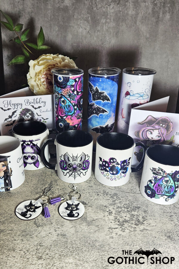 Gothic gifts including batty mugs and tumblers, and goth girl and witch card.