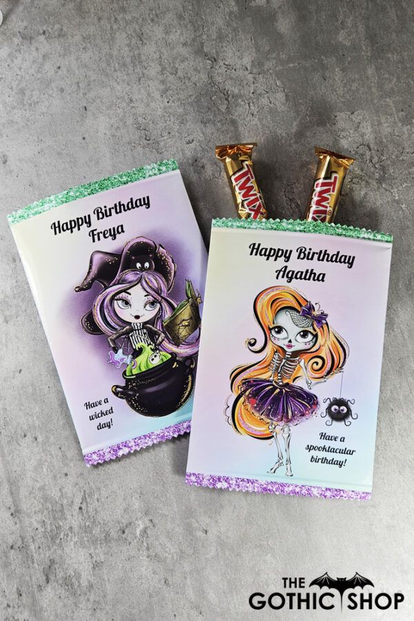 Personalised Cute Sugarskull Skeleton Girl and Witch with Cauldron Sweet Crisp Party Favour Gift Bag
