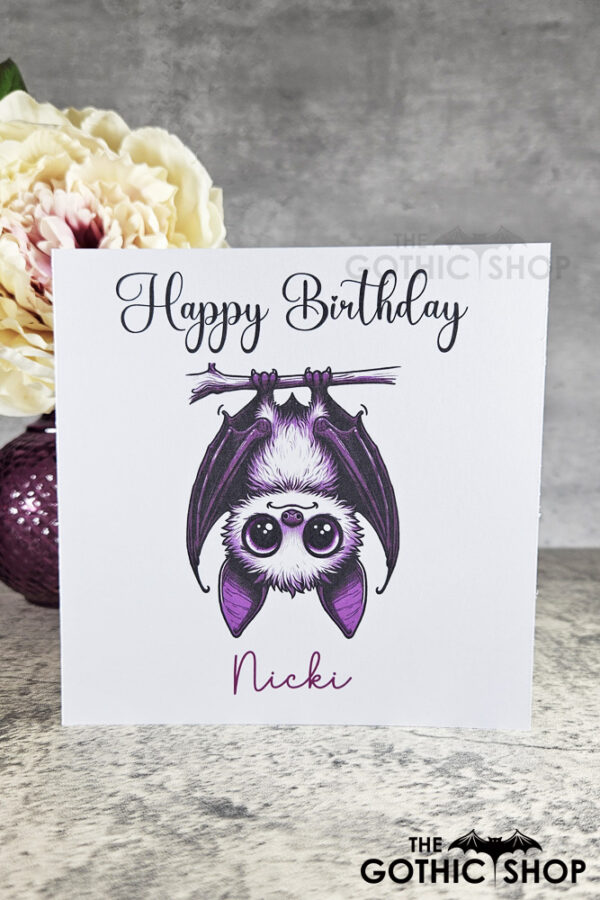 Personalised Betty Hanging Kawaii Purple Bat Birthday Gothic Greetings Card