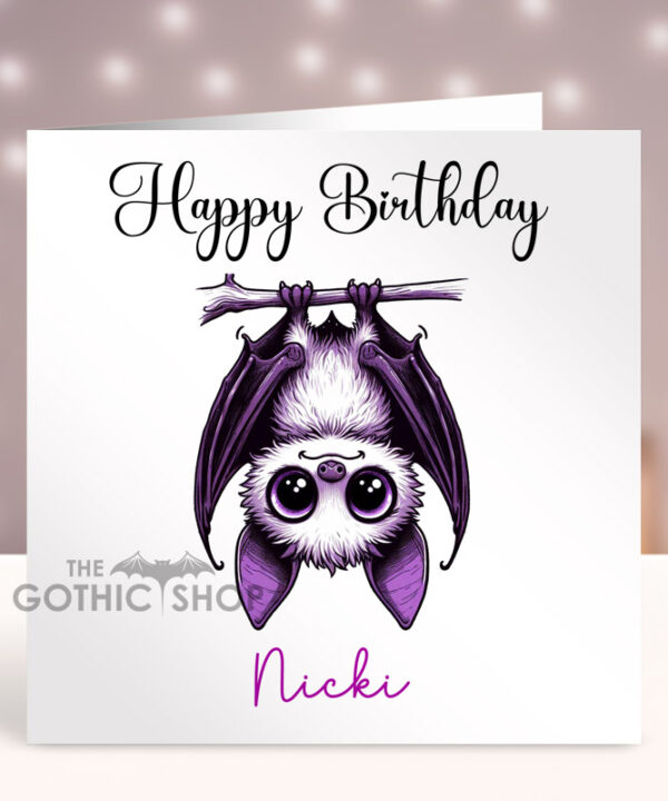 Personalised Betty Hanging Kawaii Purple Bat Birthday Gothic Greetings Card