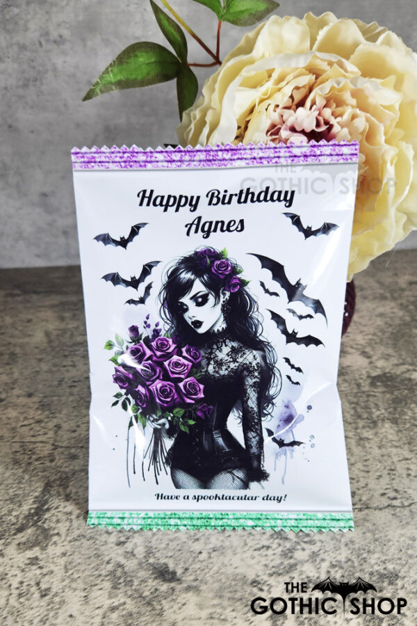 Personalised Goth Lady Purple Roses Sweet Crisp Party Favour Gothic Gift Bag