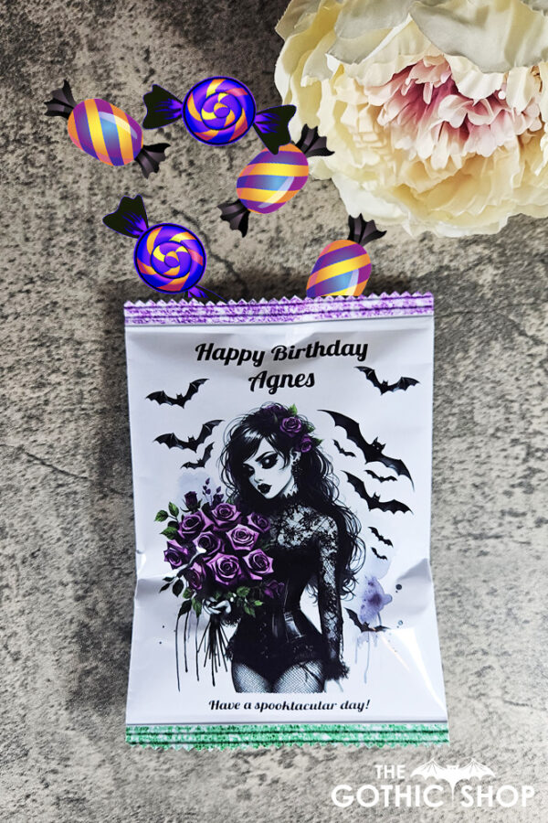 Personalised Goth Lady Purple Roses Sweet Crisp Party Favour Gothic Gift Bag