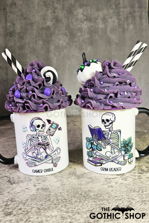Grim Reader Skeleton Reading and Ghoul Gamer Gothic Mug