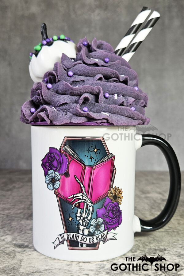 Til Death Do Us Read Cerise Book Skeleton Hand Gothic Mug