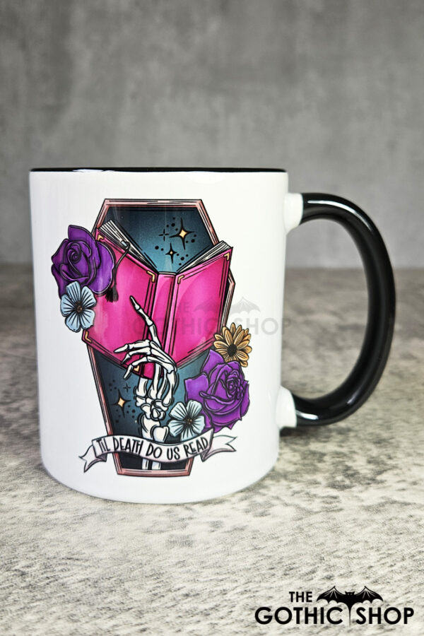 Til Death Do Us Read Cerise Book Skeleton Hand Gothic Mug