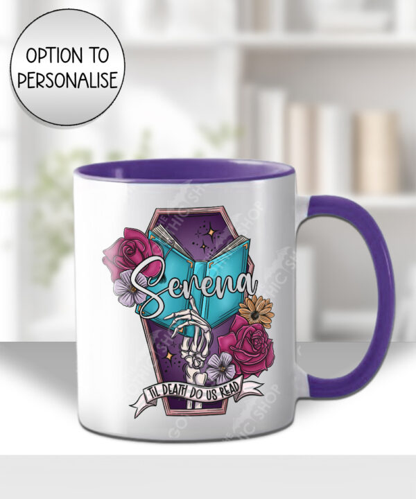 til death do us read mystic nocturne turquoise book skeleton hand gothic mug