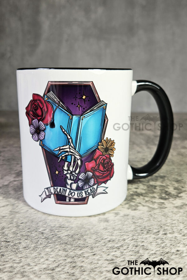 Til Death Do Us Read Turquoise Book Skeleton Hand Gothic Mug