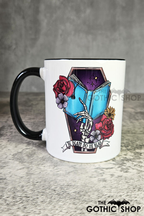 Til Death Do Us Read Turquoise Book Skeleton Hand Gothic Mug