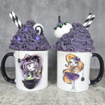 Gotihic Witchy mugs featuring a cute sugarskull lady and a witch with cauldron