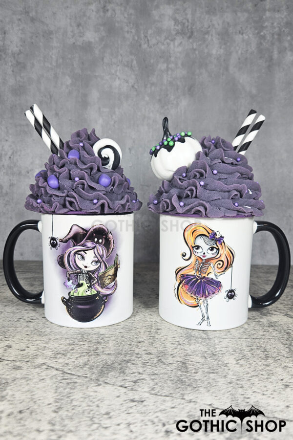 Gotihic Witchy mugs featuring a cute sugarskull lady and a witch with cauldron