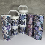Witch's Brew Berry Pie Tea Party Ombre Witchy 20oz Straight Tumblers and 20 and 30 oz travel tumblers.