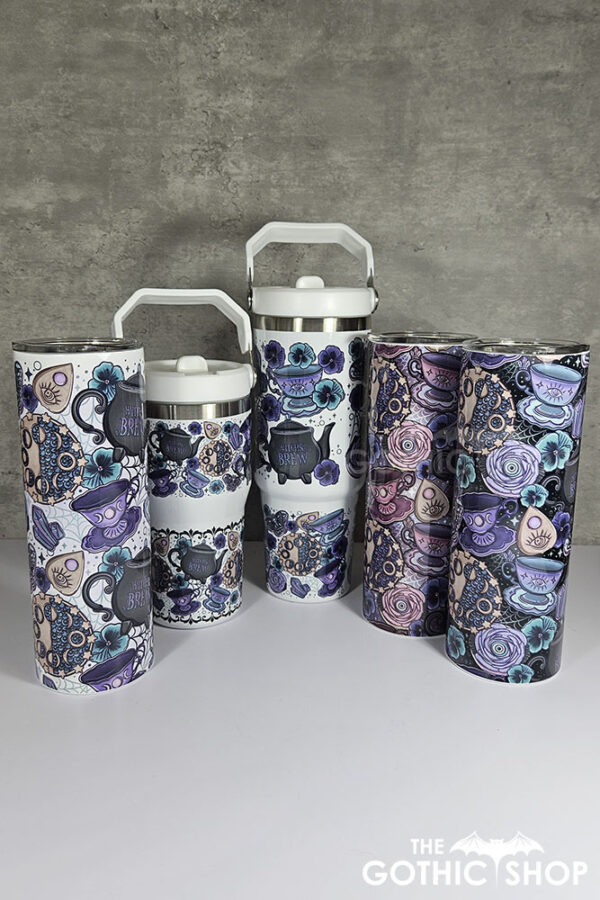 Witch's Brew Berry Pie Tea Party Ombre Witchy 20oz Straight Tumblers and 20 and 30 oz travel tumblers.