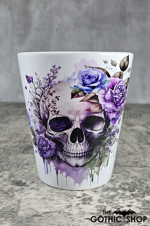 Skull & Pink Purple Roses Gothic Halloween Plant Pot