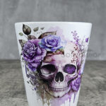 Skull & Pink Purple Roses Gothic Halloween Plant Pot