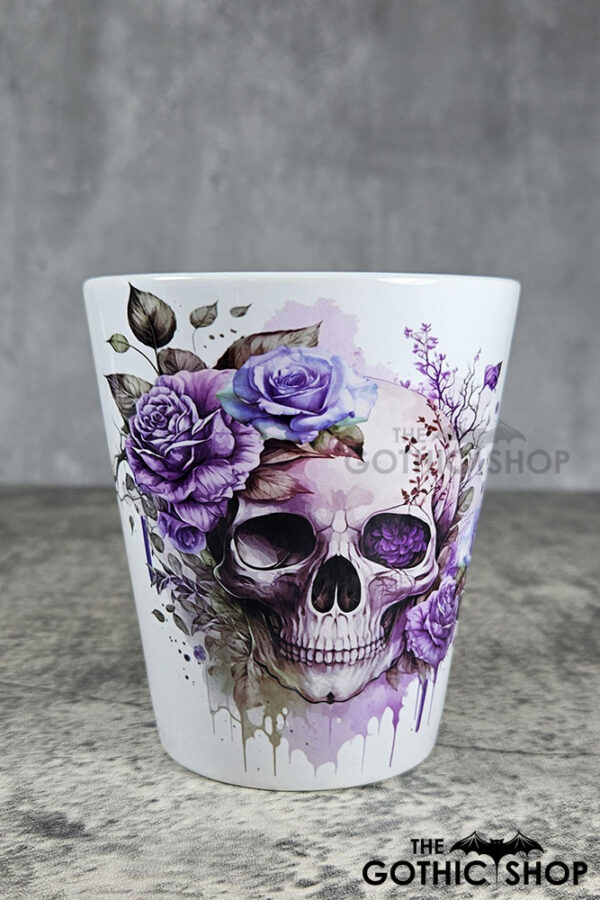 Skull & Pink Purple Roses Gothic Halloween Plant Pot