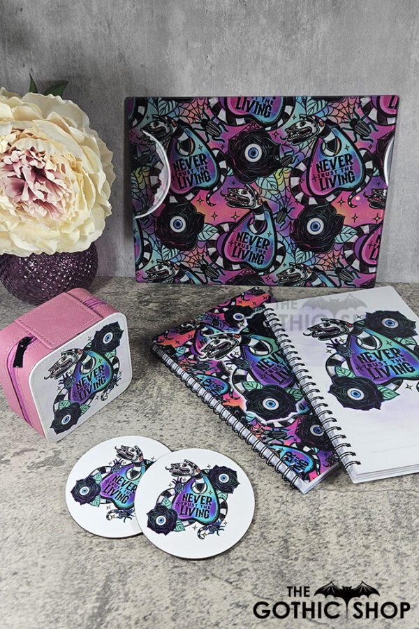 Never Trust The Living Sandworm & Planchette Hot Water Bottle with Plush Cover, coasters, jewellery box, notebooks and chopping board.