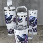 Raven & Purple Roses 30oz and 20oz Gothic White Travel Tumbler, 20oz tumbler and mug.