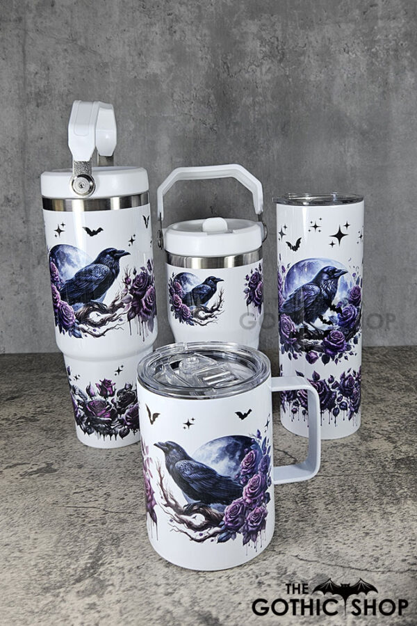Raven & Purple Roses 30oz and 20oz Gothic White Travel Tumbler, 20oz tumbler and mug.