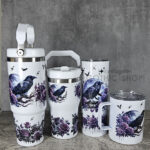 Raven & Purple Roses 30oz and 20oz Gothic White Travel Tumbler, 20oz tumbler and mug.
