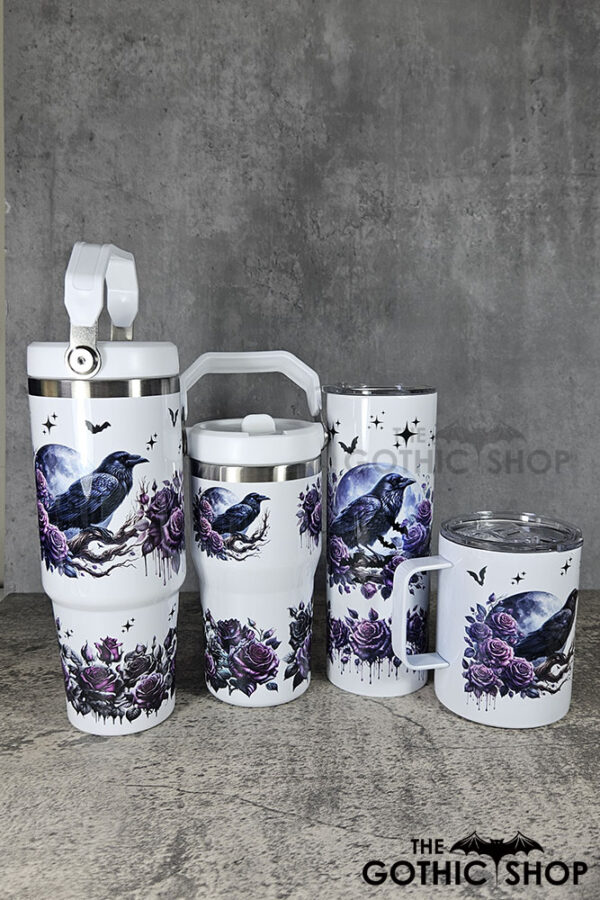 Raven & Purple Roses 30oz and 20oz Gothic White Travel Tumbler, 20oz tumbler and mug.