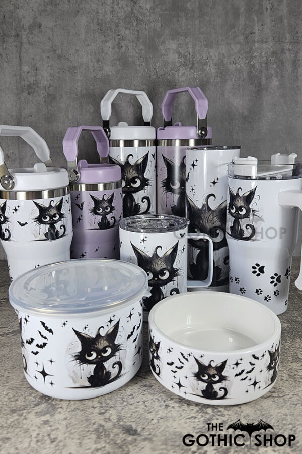 Drippy Spooky Black Cat gothic homeware including tumblers, travel tumblers, bowls and mugs