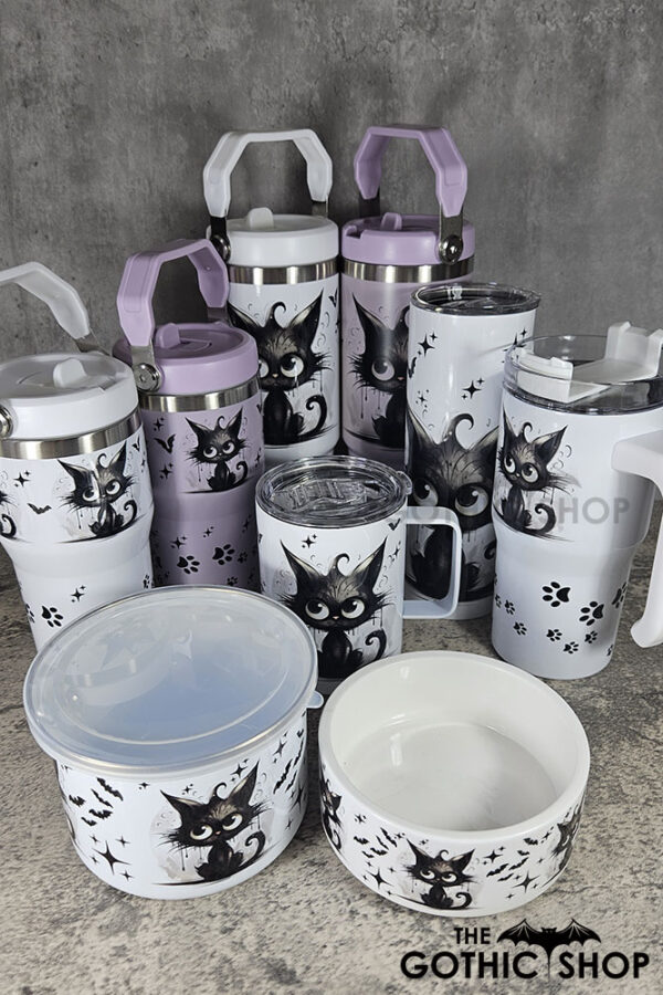 Drippy Spooky Black Cat gothic homeware including tumblers, travel tumblers, bowls and mugs