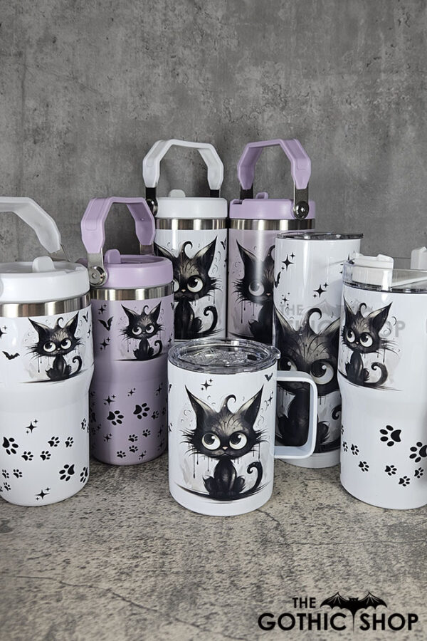 Drippy Spooky Black Cat gothic homeware including tumblers, travel tumblers, bowls and mugs