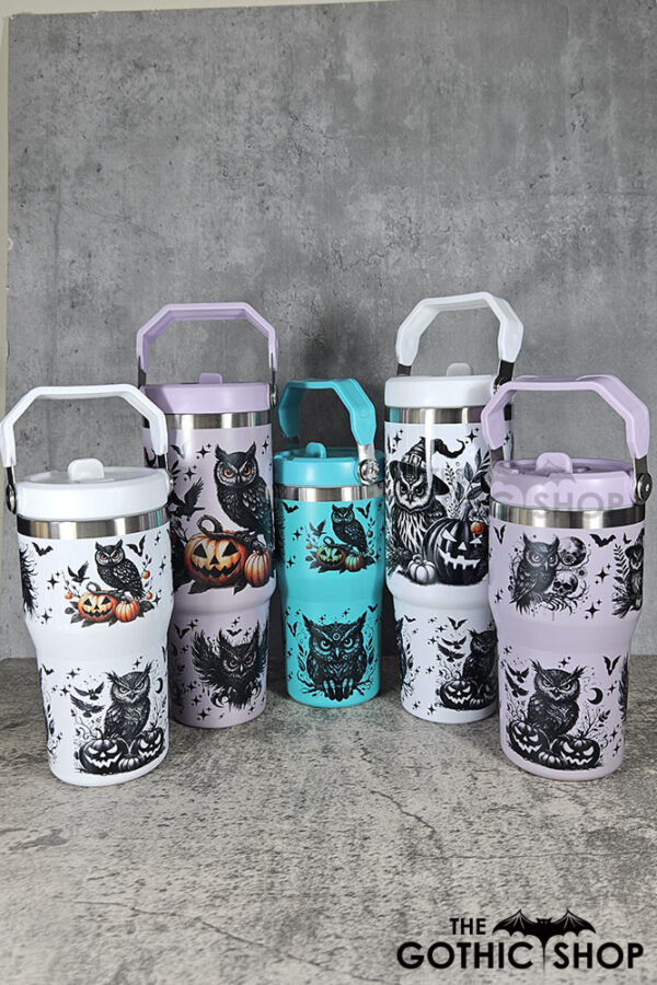 Halloween Owls with Pumpkins & Skulls 30oz and 20oz Gothic Travel Tumblers and cups