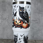 Halloween Owls with Pumpkins & Skull 30oz Gothic White Travel Tumbler