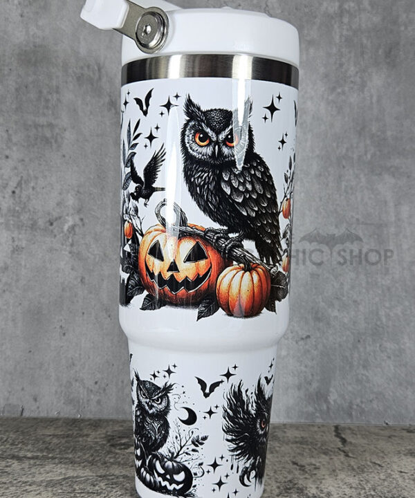 Halloween Owls with Pumpkins & Skull 30oz Gothic White Travel Tumbler