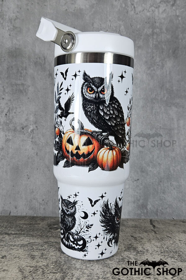 Halloween Owls with Pumpkins & Skull 30oz Gothic White Travel Tumbler
